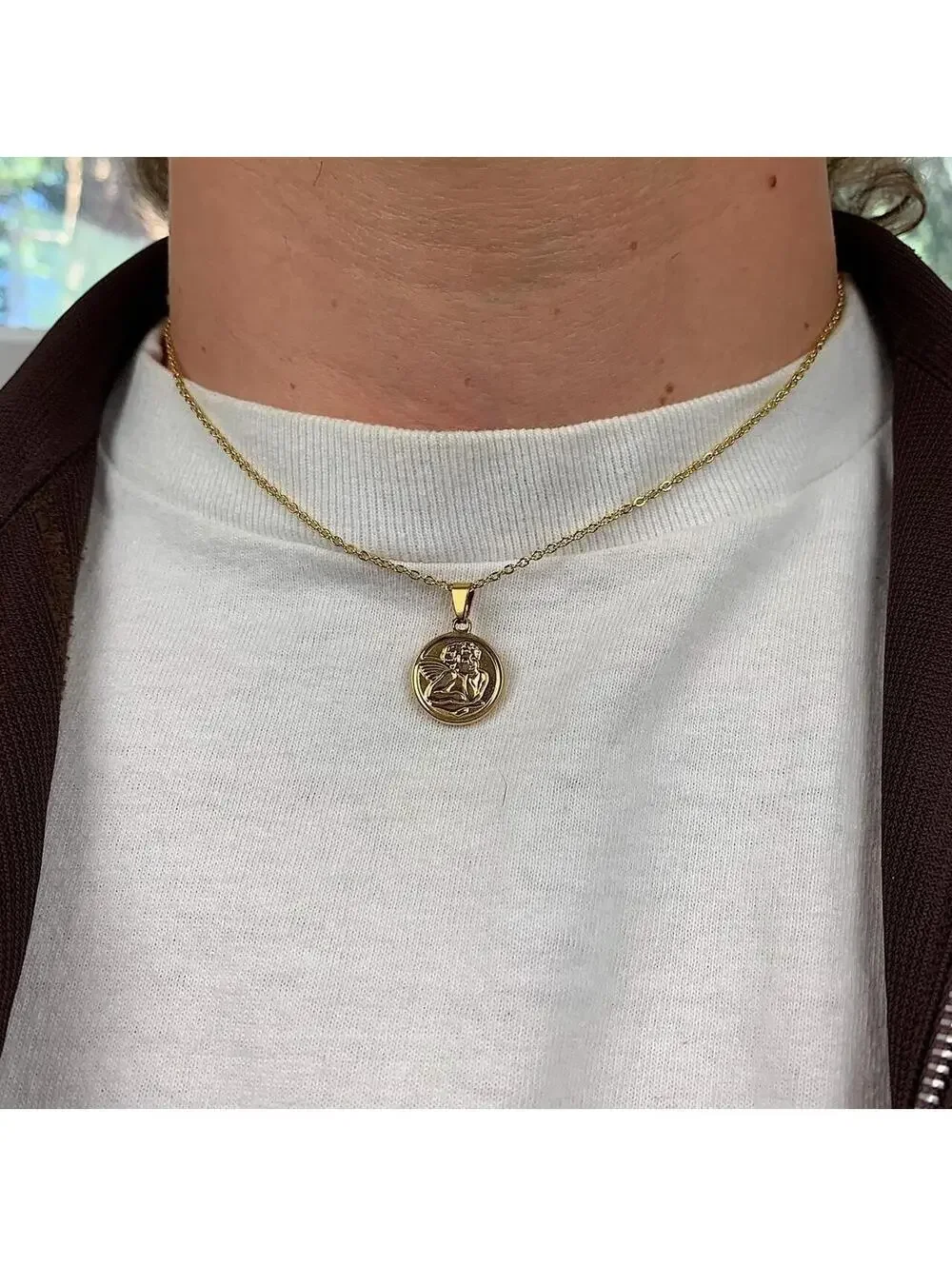 Cute Baby Angel Stainless Steel Gold Plated Circle Pendant y2k 90s style